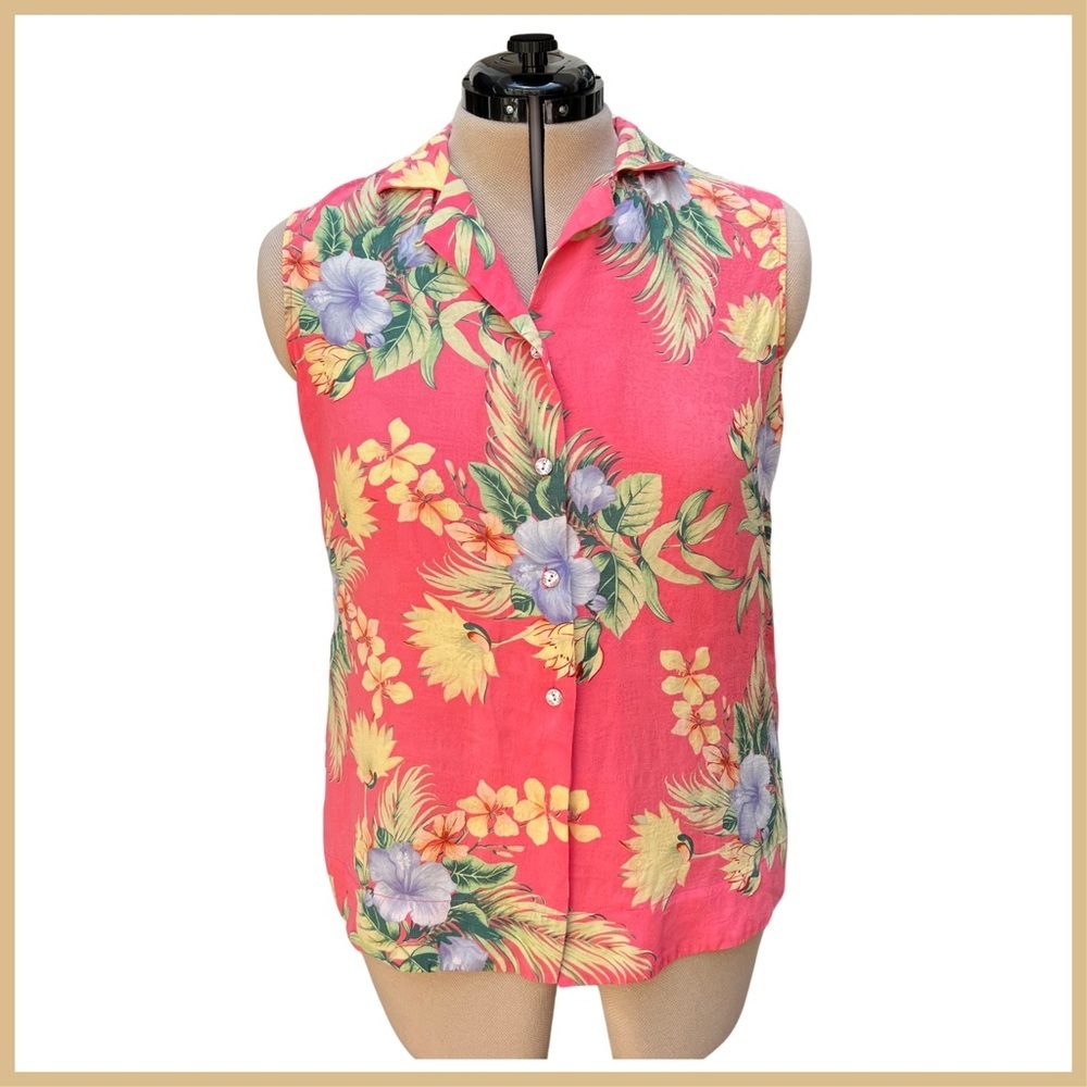 Tommy Bahama (Large (12-14) - EUC) Pink Tropics Silk Button-Down Sleeveless Top
